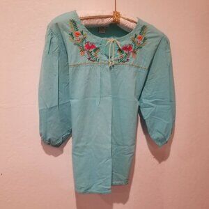 Millenium Women's 3/4 Sleeves Embroidered Blouse Tie Neck Cotton Blue Size Large